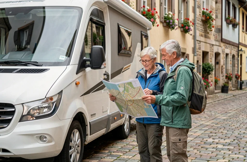 Couple de voyageurs en camping-car consultant un plan de stationnement devant des maisons à colombages alsaciennes à Colmar