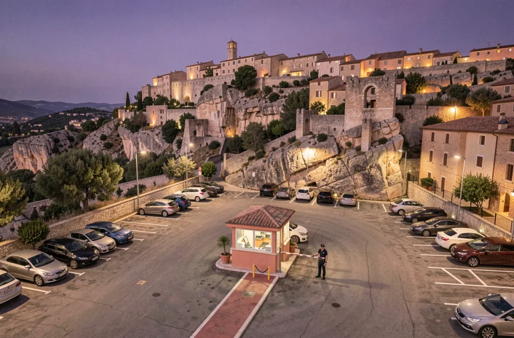 Vue aérienne du parking sécurisé en soirée au pied du village des Baux-de-Provence