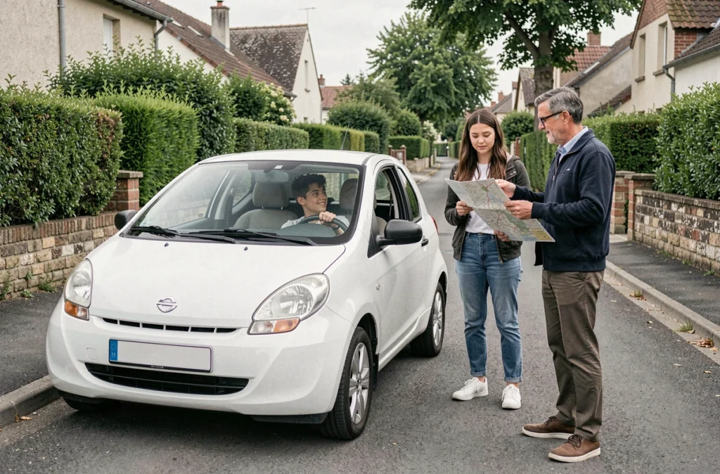 Groupe d'élèves de l'Auto-Ecole Chartres en formation permis B dans une rue résidentielle d'Eure-et-Loir avec leur moniteur