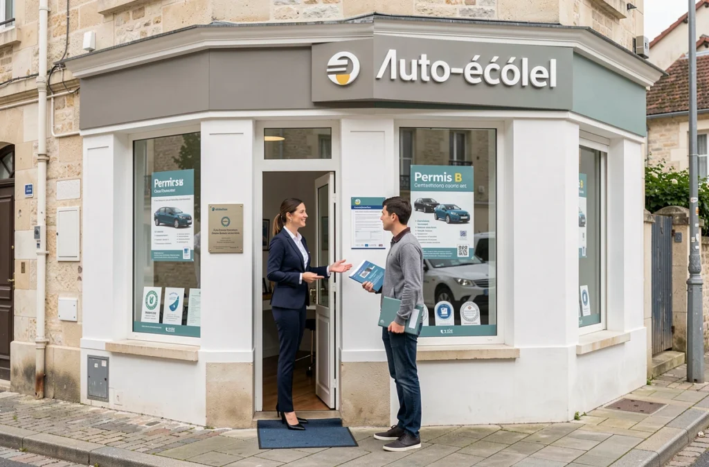Devanture labellisée de l'Auto Ecole des Petits Clos à Chartres avec une employée accueillant un élève à l'entrée