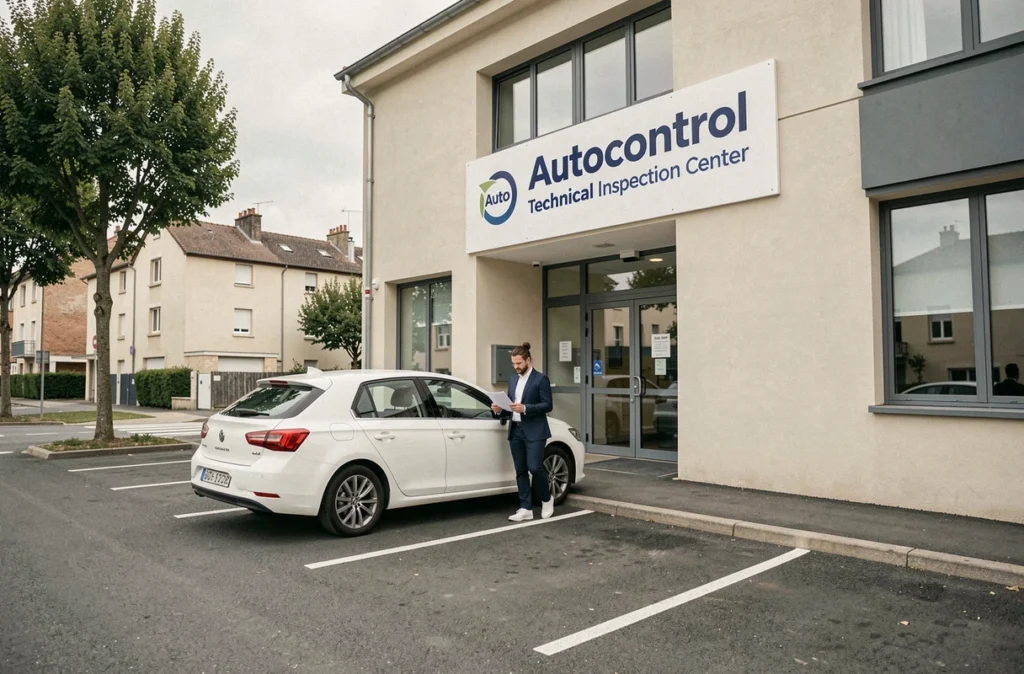 Façade du centre de contrôle technique Autocontrol à Vitry-sur-Seine avec un client sortant de sa voiture