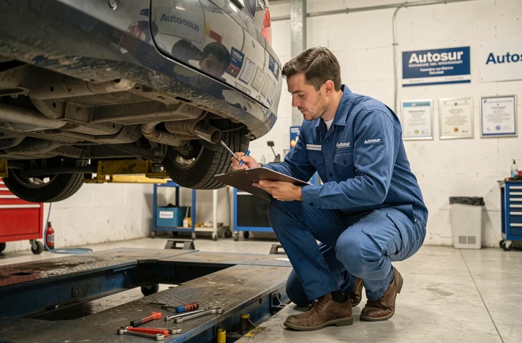 Technicien Autosur inspectant le dessous d'un véhicule au centre de Champigny-sur-Marne