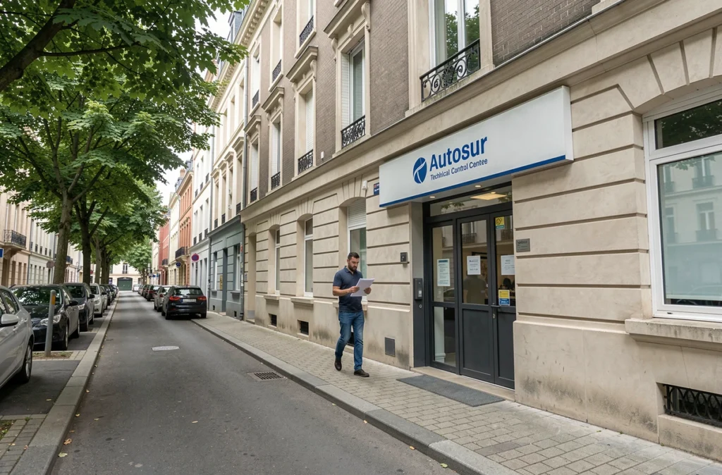 Façade du centre de contrôle technique Autosur à Charenton-le-Pont avec un client à l'entrée