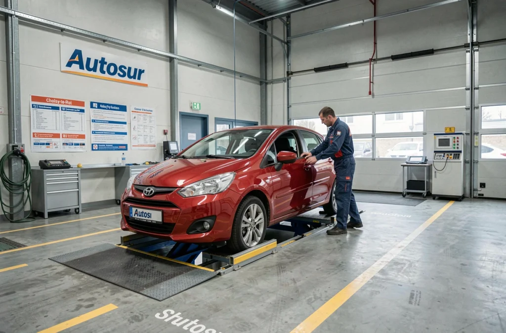 Véhicule positionné sur la plateforme d'inspection du centre Autosur à Choisy-le-Roi