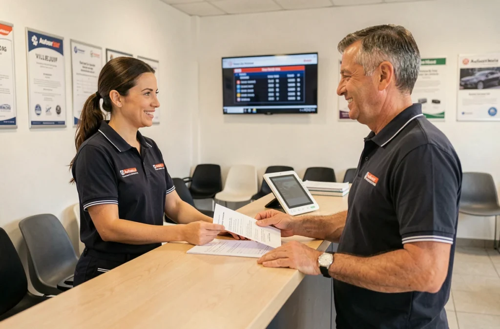 Accueil du centre Autosur Villejuif avec une réceptionniste remettant des documents à un client