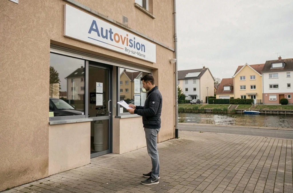 Centre de contrôle technique Autovision à Bry-sur-Marne avec un client consultant son rapport d'inspection