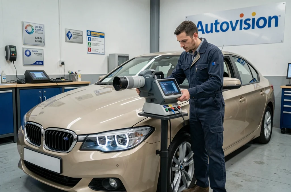 Technicien Autovision effectuant un réglage des phares sur un véhicule à Créteil