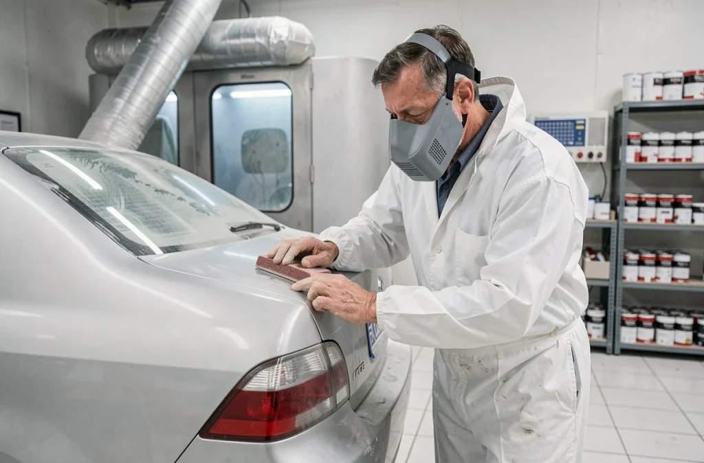 Carrossier en combinaison blanche préparant une réparation carrosserie à l'atelier Cannéçu Pascal à Plabennec