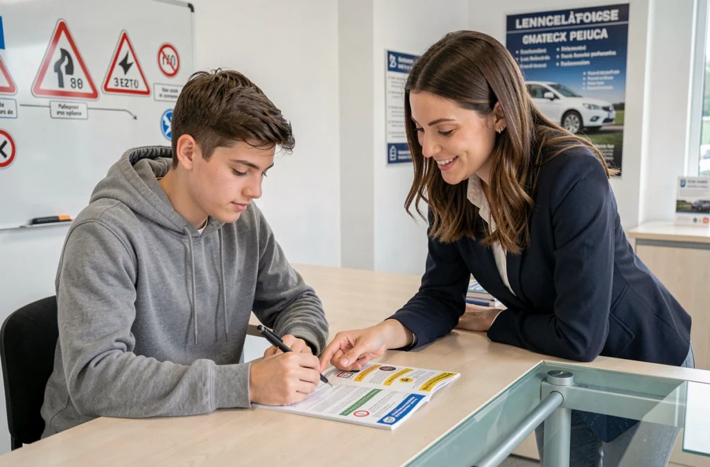 Élève du CER Goulay étudiant le code de la route avec une monitrice dans les locaux de l'auto-école à Chartres
