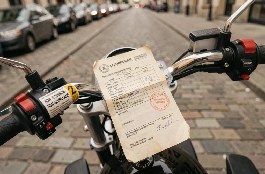 Certificat de contrôle technique moto périmé et vignette de non-conformité apposés sur le guidon d'une moto