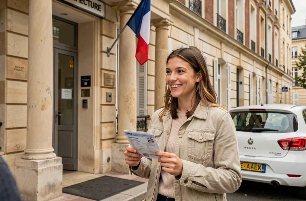 Jeune conductrice souriante tenant son permis de conduire à la sortie de la préfecture, symbolisant le fort taux de réussite de Drive It à Chartres