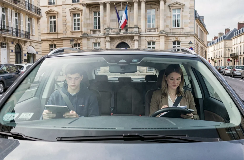 Élève de la Driving School de la Mairie en attente devant l'hôtel de ville dans l'agglomération chartraine avec sa monitrice