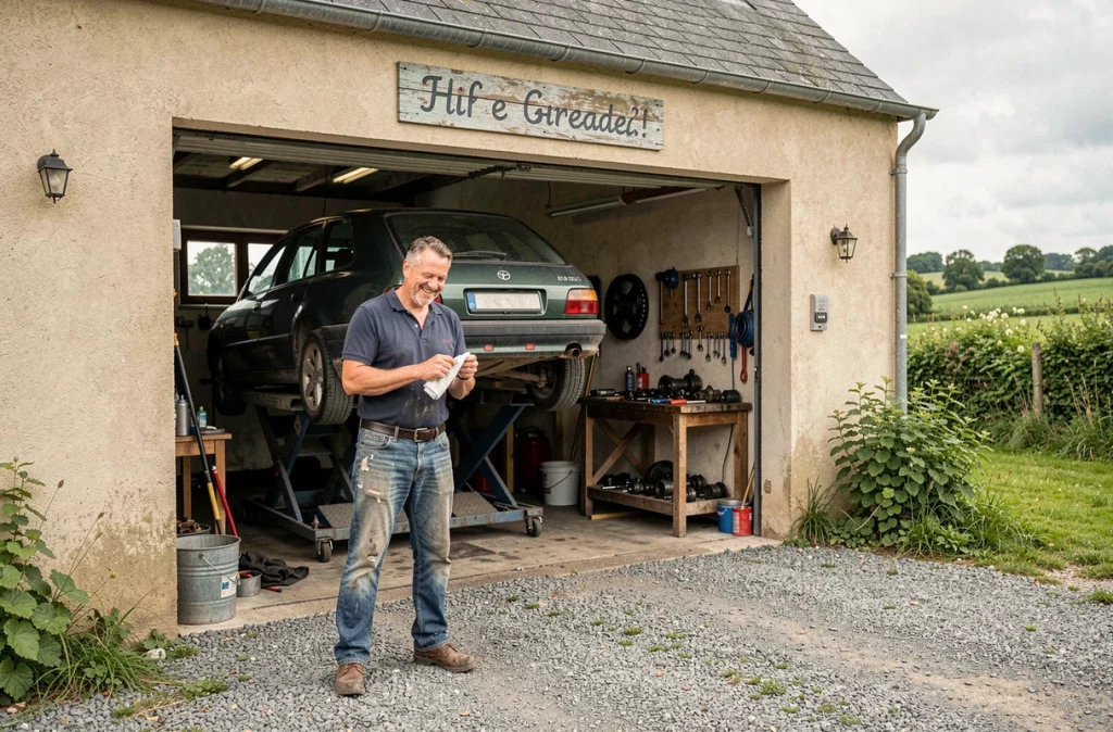 Mécanicien de proximité devant la porte de l'Espace Automobile Corlaysien à Corlay en Bretagne