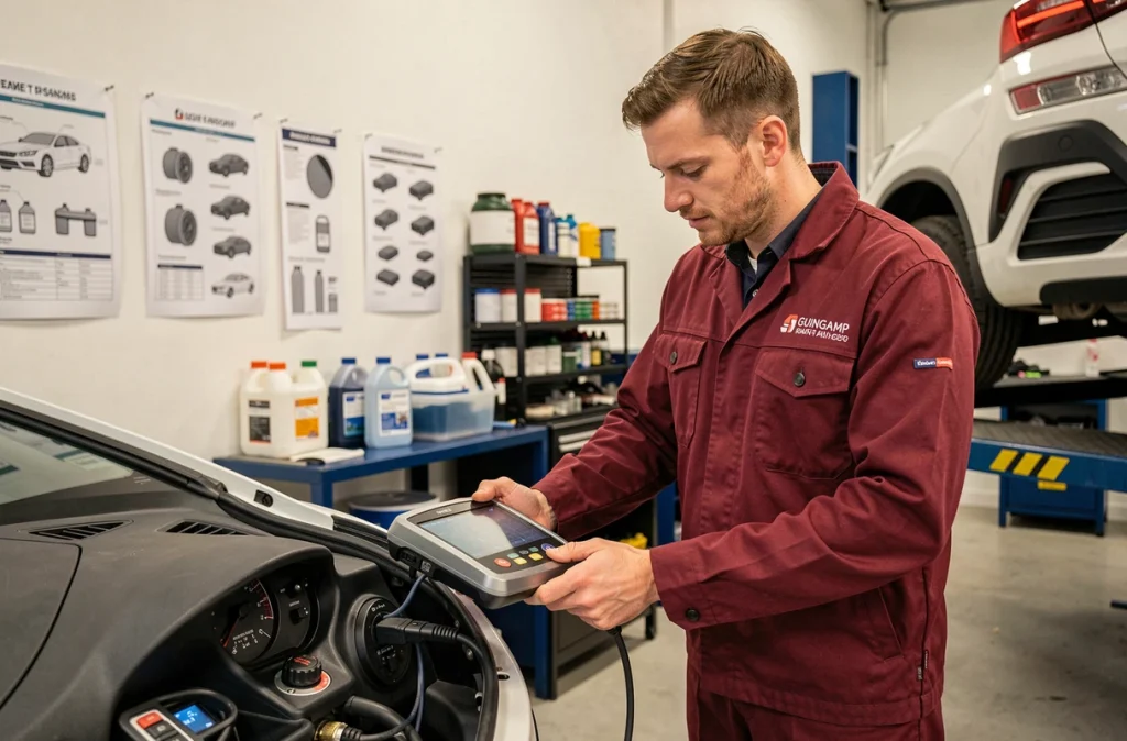 Technicien réalisant un diagnostic électronique sur un véhicule au garage Jégou à Guingamp