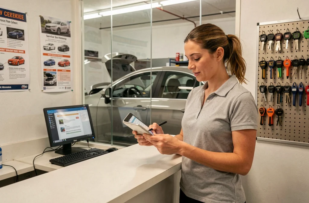 Conseillère de service accueillant un client au garage Kerlouis spécialisé en entretien auto à Plouguernével