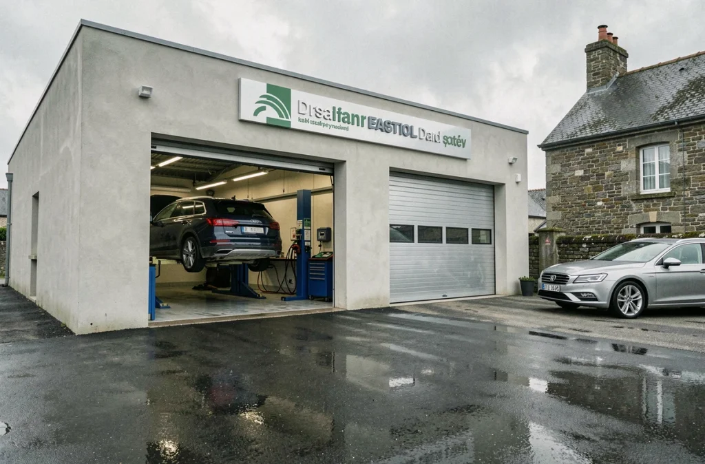 Façade du garage spécialisé Mocaer à Rosporden avec ses baies de service ouvertes