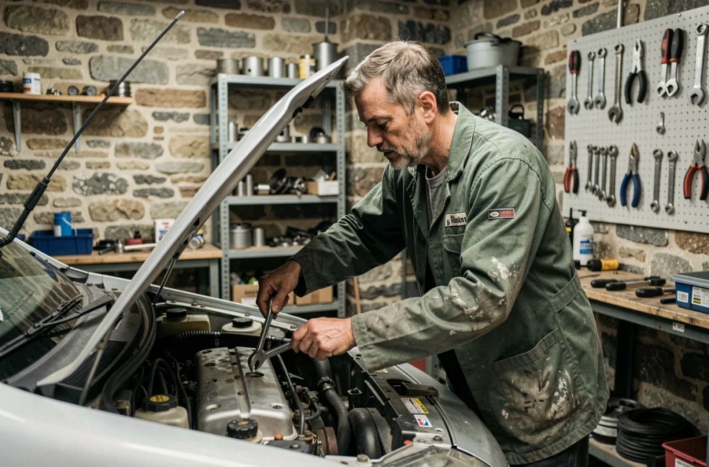 Mécanicien effectuant une réparation moteur dans l'atelier du garage Rannou à Crozon