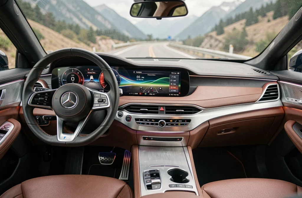 Intérieur luxueux d'une voiture de marque en E avec tableau de bord numérique et volant en cuir cousu