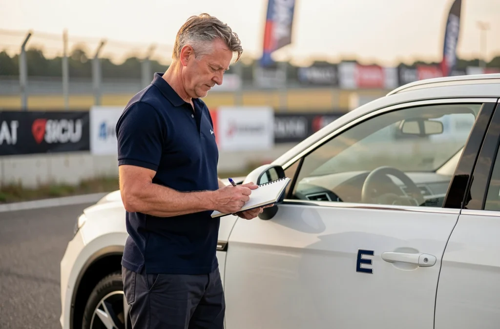 Journaliste automobile examinant un SUV blanc de marque commençant par la lettre E lors d'un salon presse en plein air