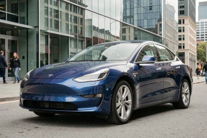 Berline électrique moderne de marque en E garée dans une rue urbaine contemporaine, vue en trois quarts avant