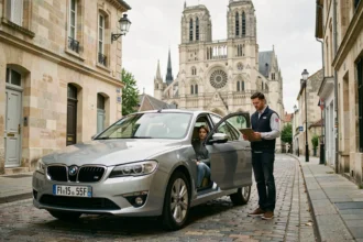 Scène de rue à Chartres avec une voiture d'auto-école et la cathédrale en arrière-plan, illustrant les meilleures auto-écoles d'Eure-et-Loir