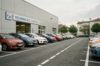 Vue d'ensemble d'un centre de contrôle technique dans le Val-de-Marne avec des voitures garées devant