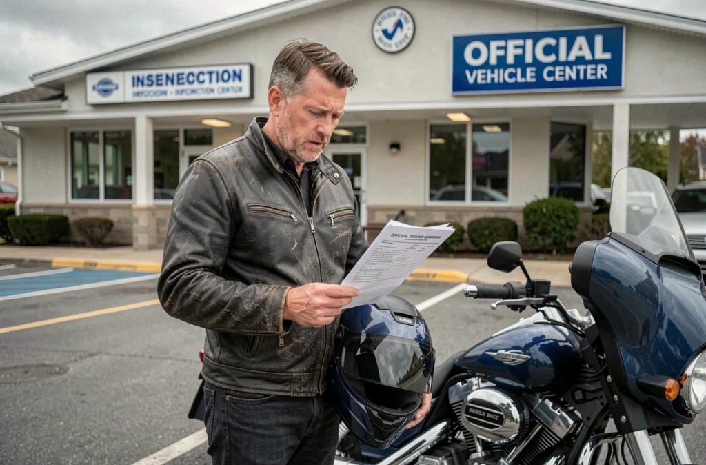 Motard lisant un avis de contrôle technique devant un centre d'inspection officiel pour deux-roues