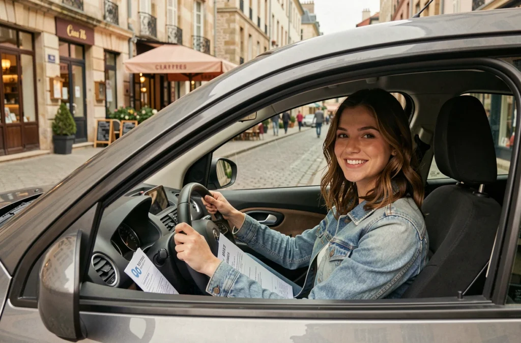 Jeune conductrice souriante de Nostress-Drive au volant d'un véhicule en plein centre-ville de Chartres après avoir réussi son permis