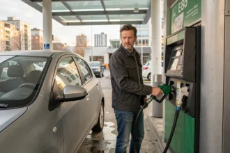 Homme faisant le plein de son véhicule à une station E85 en milieu urbain