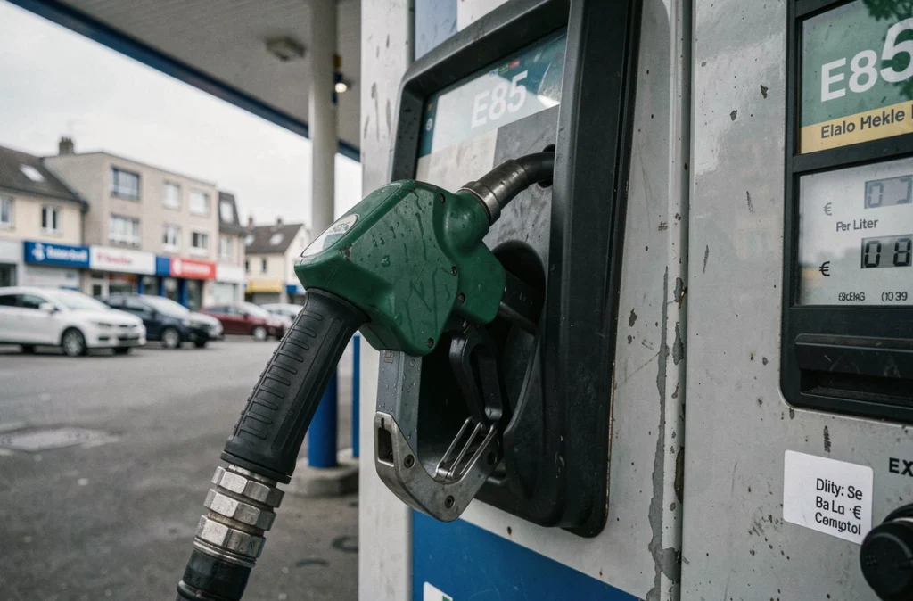 Gros plan sur un pistolet de pompe E85 dans une station-service urbaine
