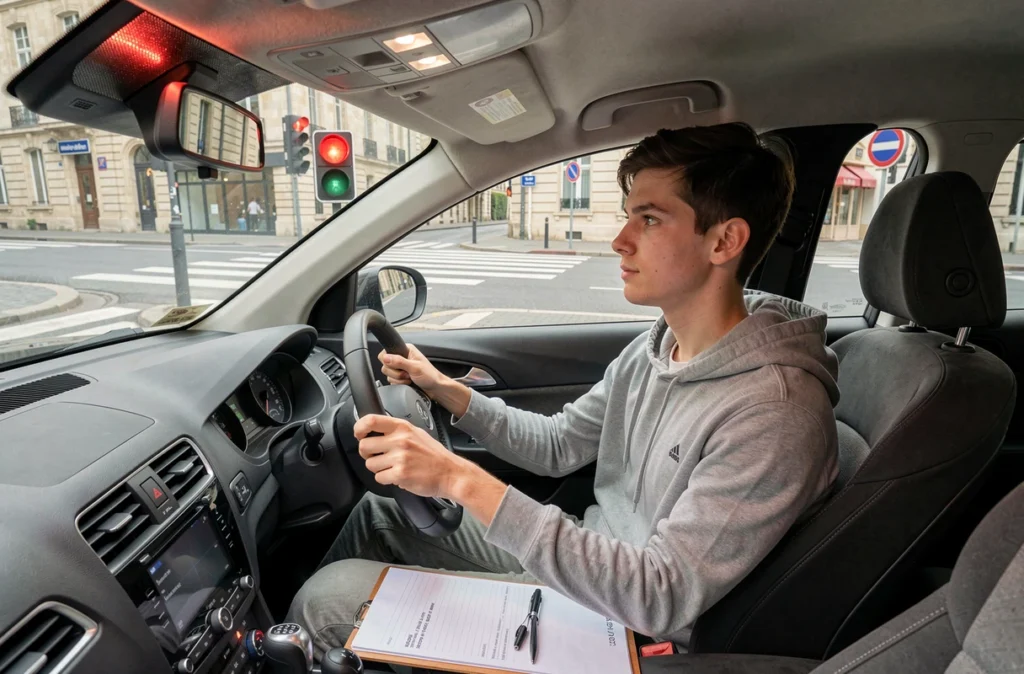 Élève de Sérénité Conduite serein au volant d'un véhicule d'auto-école à un feu rouge du centre de Chartres