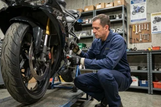 Technicien effectuant un contrôle technique moto dans un garage agréé, inspection du disque de frein arrière