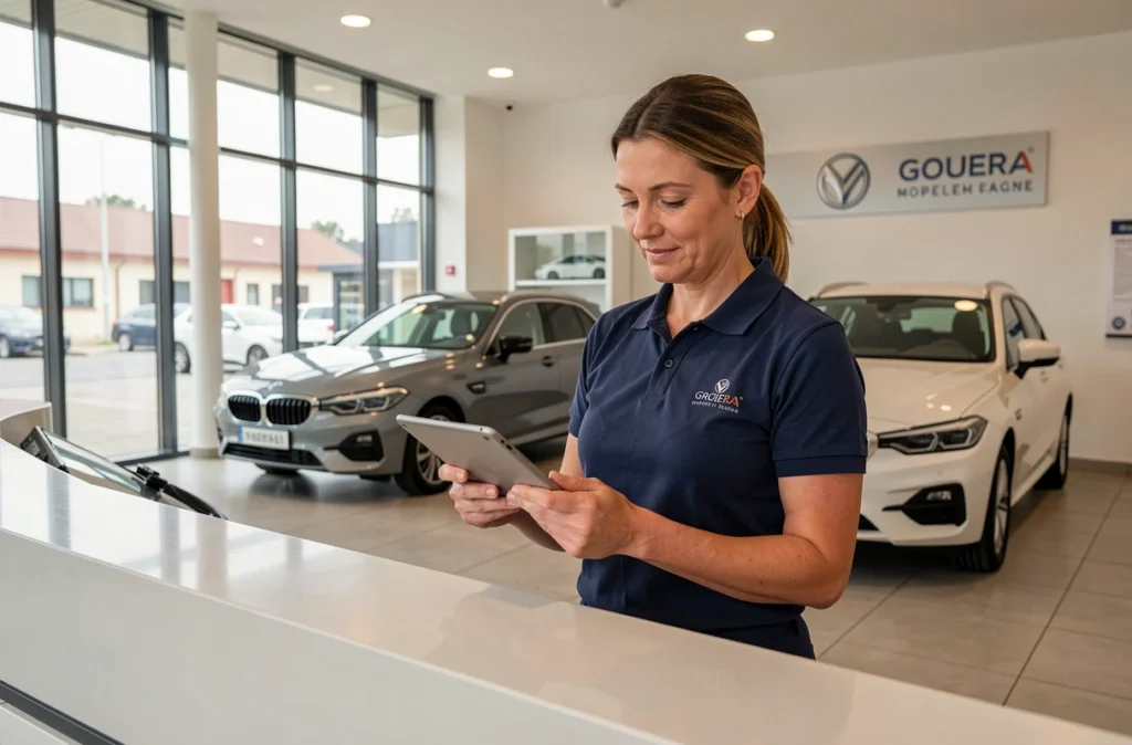 Conseillère accueillant un client dans le showroom d'un garage automobile de Moselle