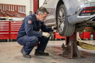 Mécanicien professionnel inspectant le dessous d'une voiture dans un garage automobile en Moselle